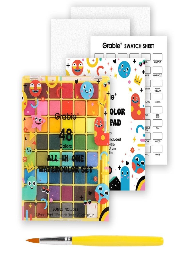 Grabie Mini Watercolor Set, 48 Colors with Brush, Paper Pad and Swatch Sheet, Travel Watercolors Painting Kit for Beginners - Image 1